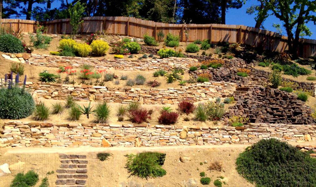 Terraced hillside garden with stone retaining walls and waterfall